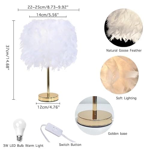 GUANSHAN Weiße Feder-Tischlampe, Nachttischlampe mit goldenem Sockel, Feder-Tischleuchte, Schreibtisch-Lampenschirm für Schlafzimmer, Heimdekoration, Fotografie-Requisiten thumbnail 6