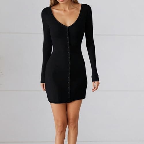 Naileksi Women Elegant Button Front A-Line Mini Dress Sexy Long Sleeve V Neck Skinny Solid Ribbed Knit Flare Short Dress thumbnail 4