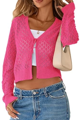 SimpleFun Going Out Cardigan Short Open Knit Long Sleeve Crochet Shrug Sweater Country Cardigan Hot Pink,L - Image 1
