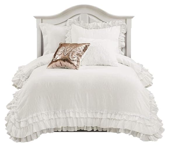 Lush Decor Ella Ruffle Lace Comforter, 2 Piece Set, Twin, Ivory - Cute Comforter - Twin Bedding Set - White Bedding - Coquette Decor - White Lace Trim - Ruffle Trim - Image 1
