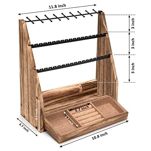 DGWJSU Jewelry Organizer Stand, 5 Layer Earring Holder Organizer with Necklace Holder, Rustic Wood Earring Organizer Display for Stud Earring Bracelet Necklace Ring, Watches thumbnail 7