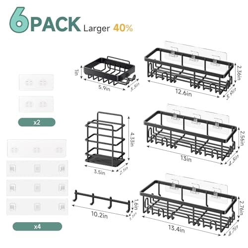 Veken Shower Caddy 6-Pack, Advanced Rustproof Design, No Drilling Adhesive Shelves, Rack with Soap Holder, Large Capacity Bathroom Organizers and Storage, Wall-Mounted Kitchen & Home Decor, Black thumbnail 8