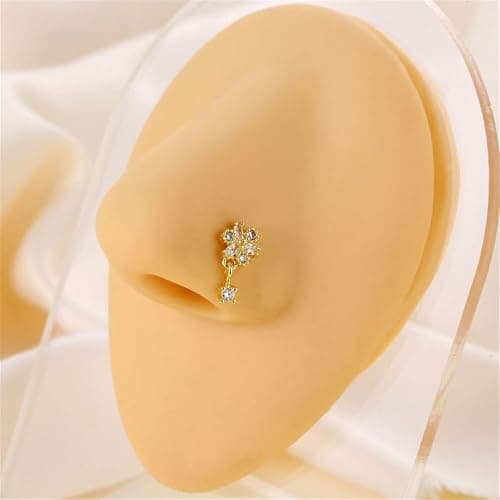 Niaspi 2Pcs 20G CZ Flower Dangle Nose Rings for Women Stainless Steel L-Shaped Nose Studs Rings Dangling Nostril Nose Piercing Jewelry thumbnail 3