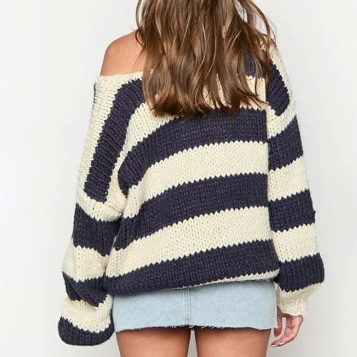 Women Striped Knit Sweaters Oversized Drop Shoulder Long Sleeve Loose Knitted Tops Knit Fall Pullover Tops (A-Navy Blue, S) thumbnail 3