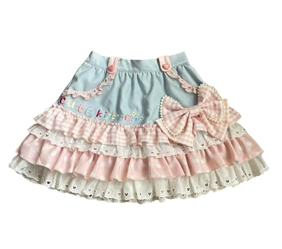 GOTHPICKUS Womens Lolita Ruffled Bow Lace Skirt Kawaii Cute Pleated Cake Skirts A-Line Tiered Harajuku Zip Up Mini Dress - Image 1