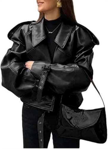 THLAI Womens PU Leather Jacket Long Sleeve Retro Collar Motorcycle Jacket Casual Coat - Image 1