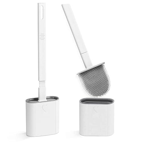 Toilet Brush, 2 Pack Bathroom Silicone Toilet Brushes and Holder Sets with No-Slip Long Plastic Handle and Soft Flexible Bristles, Toilet Brushes with holders and Base for Anti-drip (White) - Image 1