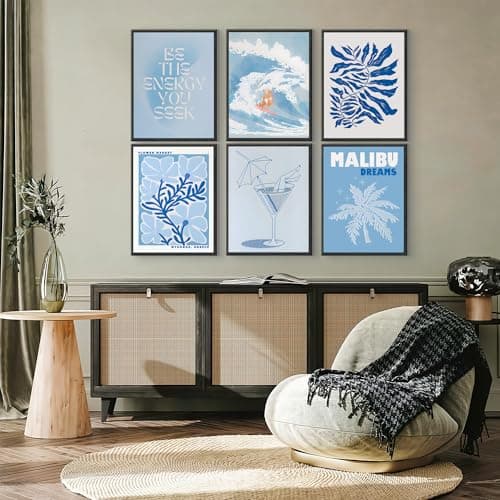 QIYFFBN 6Pcs Blue Coastal Surf Cowgirl Wall Art Vintage Flower Market Canvas Prints Girly Dorm Trendy Preppy Aesthetic Posters Light Blue Cocktail Glass Pictures Wall Decor Unframed (12x16in x6Pcs) - blue - 12x16in Unframed thumbnail 5