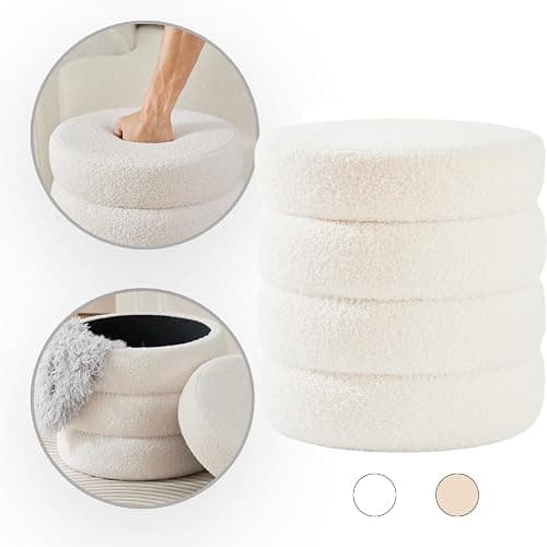 Zedelmaier Runder Teddy Hocker mit Stauraum - Sitzhocker, Schminktisch & Aufbewahrungshocker für Wohnzimmer, Schlafzimmer & Kinderzimmer (Weiß) thumbnail 5