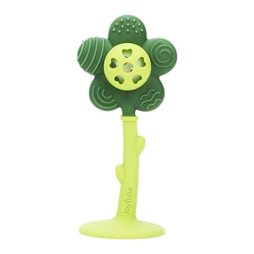 Baby Teething Toys and Rattle 2-in-1 for Babies 0-6 6-12 Months, Food Grade Silicone Teethers for Baies 3-6 Months, Infant Teething Relief Chew Toys, Sunnyflower Teether Toy BPA Free - Green - Image 1