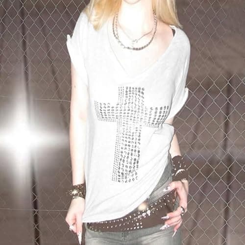 Punk Goth Cross Graphic Tshirts Emo Grunge Off Shoulder Summer Y2K Vintage Shirt Top 90s Fairy Harajuku Tee Clothes thumbnail 2