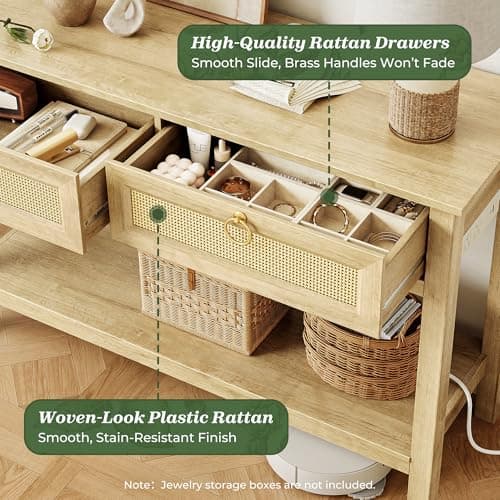 SUPERJARE Rattan Console Sofa Table with Outlets and USB-C Port, 2 Drawer Entryway Table with Synthetic Rattan Surface, 39 Inch, Open Shelf, Behind Couch Entry Foyer Hallway Storage, Natural thumbnail 6