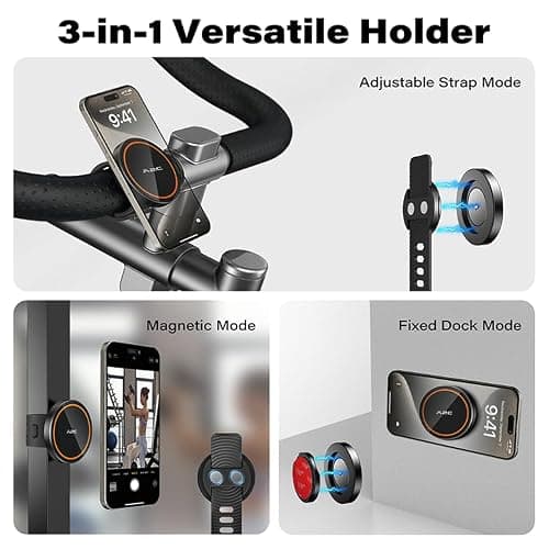 A2C Fitness Phone Mount for MagSafe, 17 N54 Strong Magnet, Adjustable Strap | 3-in-1 Mount - Magnetic Gym Mount, Adhesive Mount, Handlebar Mount for Stroller, Golf Cart, Treadmill, Peloton Exercise Bike thumbnail 2