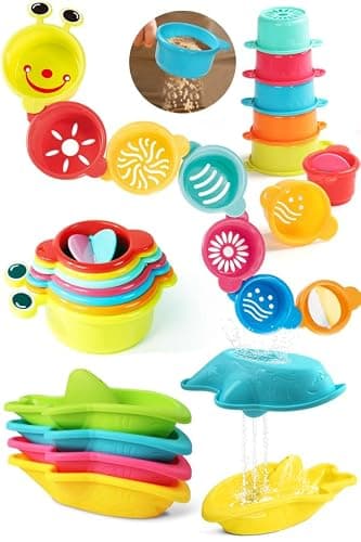 11 PCS Toddler Bath Toys for Kids Ages 1-3 Baby Shower Toys Mold Free Bathtub Toys for 12-18 Months Pool Water Table Sand Toys Stacking Cups & Floating Boats for Kids 2-4 Christmas Stocking Stuffers - Image 1