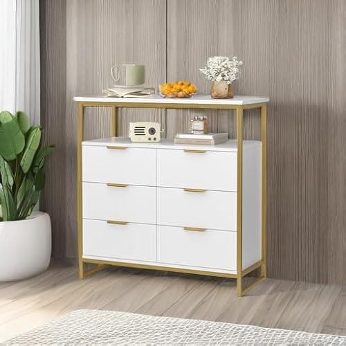 FACBOTALL Modern White Dresser, 6 Drawer Dresser with Shelf, Wood Chest of Drawers with Sturdy Steel Frame, Large Capacity 6 Drawer Chest or Living Room Home thumbnail 5