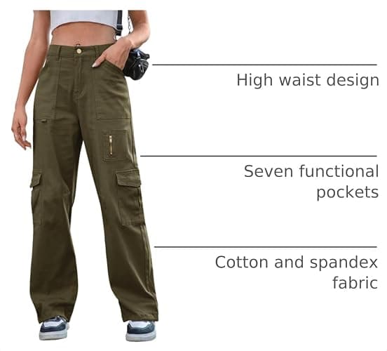 IVIR Cargo Pants Women High Waist Wide Leg Casual Pants with 7 Pockets Stretchy Drawstring Baggy Y2K Trousers thumbnail 4
