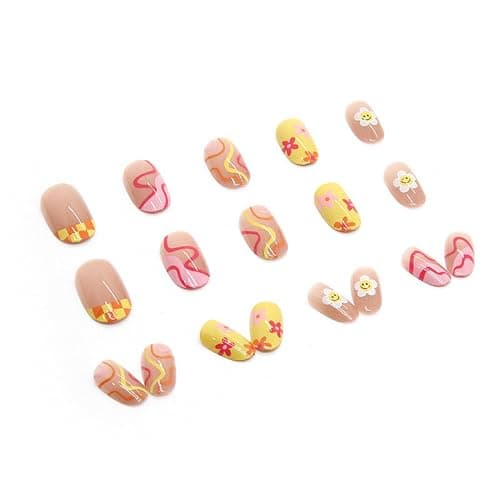Oval Press on Nails Short Round Fake Nails Cute Acrylic Nails with Swirl Flower Designs Stick on False Nails Full Cover Yellow Nude Nails for Women Girls 24pcs thumbnail 4