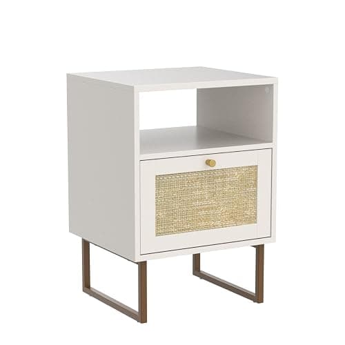 Masupu Rattan Nightstand,Modern Boho Farmhouse Wood Bedside Table with Storage Drawer and Open Shelf,Small Gold Frame Side End Table for Bedroom,Living Room,Office(White) thumbnail 4