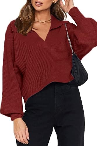 CHYRII Women Overized Puff Long Sleeve V Neck Knitted Polo Pullover Sweater Jumper Tops - Image 1