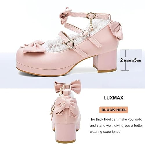 LUXMAX Women Cute Shoes Kawaii Pumps Mid Block Heel Mary Janes Platform Sweet Cosplay Dress Shoes Strappy Ankle Strap Pumps with Bow - 8.5 - Pink thumbnail 4