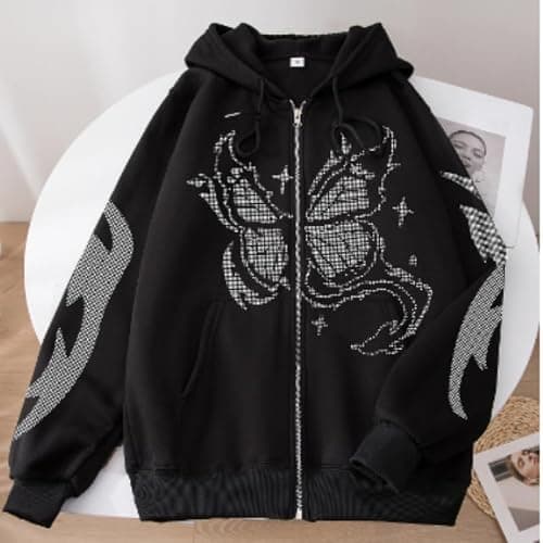 POHADON Y2k Vintage Zip Up Hoodie for Women Oversized Butterfly Graphic Long Sleeve Hooded Aesthetic Sweatshirt Jacket thumbnail 3
