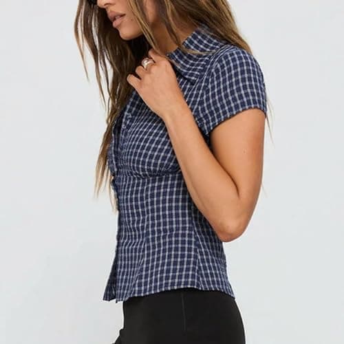 Women Y2k Short Sleeve Button Up Shirt Lapel Collar V Neck Plaid Open Front Blouse Basic Casual Going Out T-Shirt thumbnail 5
