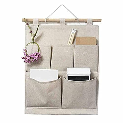 KINGREE Over The Door Magazine Storage Pockets, Wall Door Closet Hanging Storage Bag Organizer, (5 Pockets-Nature) - Image 1