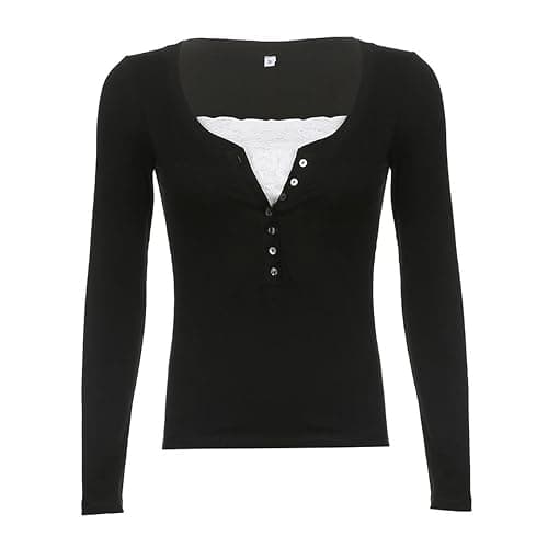 Fairy Grunge Shirts for Women Y2K Tops Long Sleeve Lace Patchwork Tees Teen Girls Vintage Slim Blouse Fall Clothes thumbnail 5