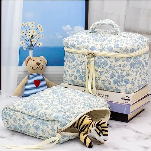 Cotton Makeup Bag for Women Large Quilted Travel Cosmetic Pouch Girls' Make Up Organizer,Little Flower Blue thumbnail 5
