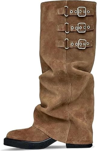 MAVMAX Women Slouchy Knee High Boots Casual Round Toe Pull On Riding Biker Boots Fold Over Chunky Low Heel Platform Boot - Image 1