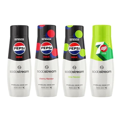 Sodastream Syrup Mixed Pack, Pepsi MAX, Cherry, Lime & 7UP Zero Fizzy Water Flavouring Syrup, Sugar Free Sparkling Drink Mix, Official Pepsi & 7UP Flavours, 4 x 440ml Multipack, Makes Up to 36L - Image 1
