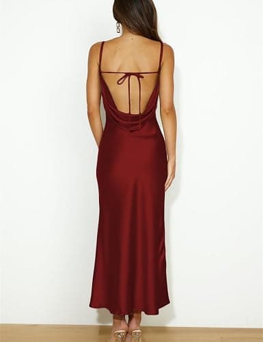 Summer Satin Spaghetti Strap Cowl Neck Backless Midi Dresses for Women Elegant Tie Low Back Ruched Cocktail Dress thumbnail 2
