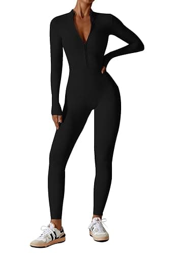 ECUPPER Women Long Sleeve Bodycon Jumpsuits Workout Zip Up Unitard One Piece Full Bodysuits Sexy Yoga Rompers Pants - Image 1