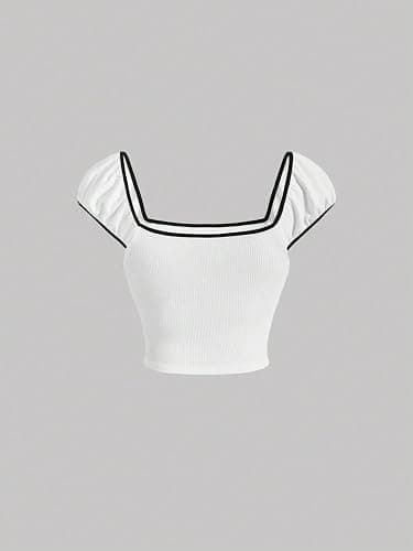 Milumia Women Contrast Binding Bow Tie Front T Shirt Square Neck Cap Sleeve Tops thumbnail 2