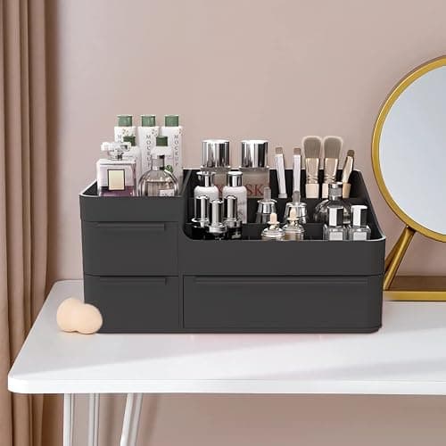 Makeup Organizer for Vanity, Bathroom Countertop Storage Display Boxes Case,Stackable Cosmetic Holder for Jewelry Hair Accessories Beauty Skincare Product Organizing with drawer organizer tray, Black thumbnail 2