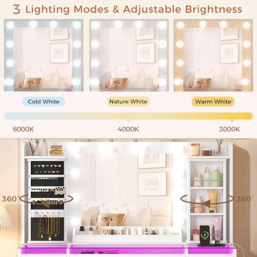 YUNSCEND Large Makeup Vanity Desk with Mirror and Lights, White Vanity Table with 360° Rotating Organizer, Glass Top, RGB Lights, Dressing Table with 11 Drawers, Power Outlet, for Bedroom, UXFST006W thumbnail 7