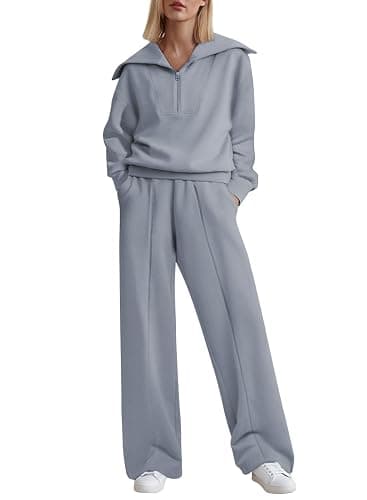 Aleumdr Two Piece Outfits Half Zip Sweatshirt Sweatsuit Lounge Sets for Women Matching Set Wide Leg Sweatpant Tracksuit - Image 1