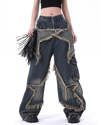 Hopecn Y2K Baggy Jeans Women&Men Star Patch Aesthetic High Waist Straight Leg Pants Vintage Fashion Grunge Streetwear. thumbnail 2