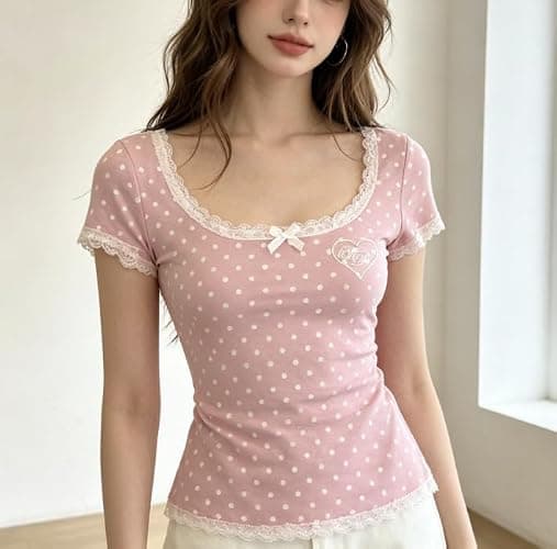 Womens Y2K Sweet Japanese Kawaii Pastel Stripe Print Henley T Shirt Cute V Neck Soft Aesthetic Casual Fitted Baby Tee thumbnail 4