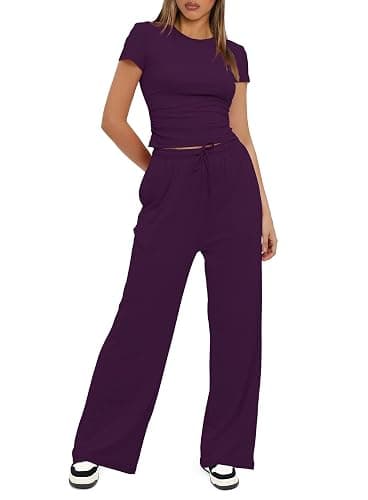 Darong Women's 2 Piece Set Outfits Lounge Sets Ruched Short Sleeve Tops High Waisted Wide Leg Pants Tracksuit Sets thumbnail 3