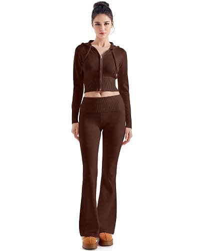 SUUKSESS Women 2 Piece Knit Sets Cropped Zip Up Hoodie Foldover Flare Leg Pants - Image 1
