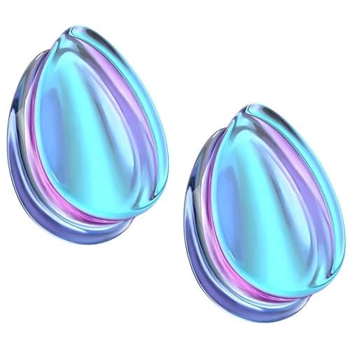 Pierced Owl Purple Iridescent Glass Tear Drop Shaped Double Flared Plug Gauges, Sold as a Pair - Image 1