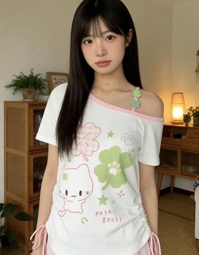 Women Y2K Retro Cute Cat Print Off Shoulder Top Kawaii Trendy E Girl Aesthetic Clover Graphic Street Fashion Tee thumbnail 5