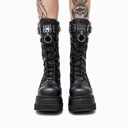 XYKHUI Womens Gothic Punk Platform Boots Chunky Wedge Heel Combat Boots Lace-Up and Zipper Round Toe Mid Calf Motorcycle Boot thumbnail 3