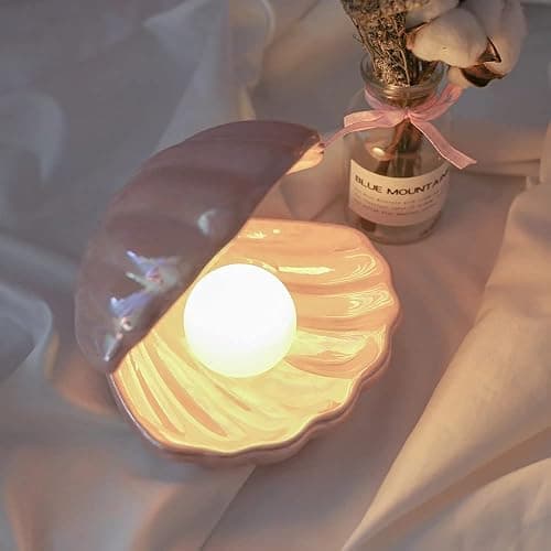 Koolouispoper Ins Japanese Style Ceramic Shell Pearl Night Light Streamer Mermaid Fairy Shell Night Lamp for Bedside Home Decoration Xmas Gift (White) thumbnail 4