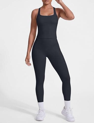 2 Piece Workout Sets for Women Racerback Tank High Waisted Pocket Leggings No Front Seam Tummy Control Butt Lifting thumbnail 2