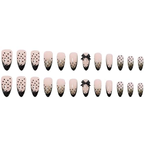 Black French Tip Press on Nails - Elegant Polka Dots with 3D Bow & Pearl Accents, Medium Almond Glossy False Nails, 24PCS Full Cover Manicure Kit thumbnail 4