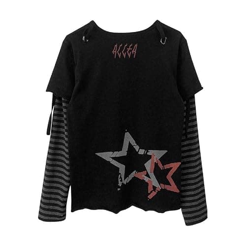 Pbkabiug Y2K Tshirt Long Sleeve Faux Two Piece Harajuku Loose Punk Tees Casual Rock Emo Grunge Aesthetic Tops thumbnail 5