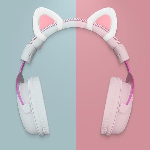 REEYEAR Cute Pink Cat Ears Fits for HypreX Cloud/Cloud Stinger/Cloud Flight Headsets, Universal Fit Lovely Kitty Adjustable Attachment Straps for Video Live Gaming Headphone,White & Pink thumbnail 2