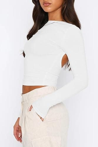 ForeFair Women Sexy Backless Short Sleeve Slim Fit Crewneck Summer Casual Y2K Crop Tee - Medium - A White thumbnail 2